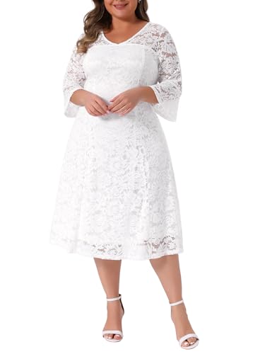 Image of Agnes Orinda Plus Size Women's Lace Wedding Dress V-Neck 3 /4 Sleeve Midi Swing Evening Bridesmaid Dresses