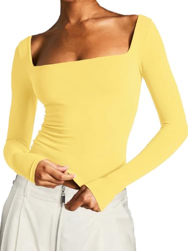 FOFAINWE Quadratischer Hals Langarmshirt Für Damen - Ausgehen Doppellagig...