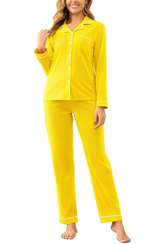Image of 100% Cotton Pajama Sets for Women 2 Piece Long Sleeve Button Down Pjs Soft Comfy Ladies Sleepwear Lounge Sets S-XL