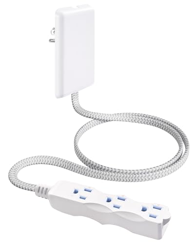 SURAIELEC 3FT Flat Extension Cord with Outlet Cover, 3 Outlets, Braided Flat Plug, 16 AWG Indoor Extension Cord for Compact Spaces, Home Office, ETL Listed