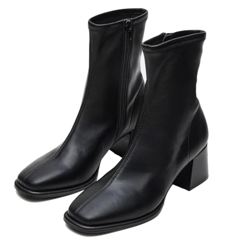 SOVANYOU Heel Booties for Women Square Toe Ankle Boots Block Chunky Heel Dressy Black Leather Short Boots with Side Zipper