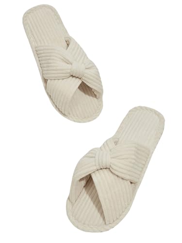 OYOANGLE Women's Cross Band Open Toe Corduroy Slides Slippers Solid Indoor Outdoor Bedroom Slippers Shoes
