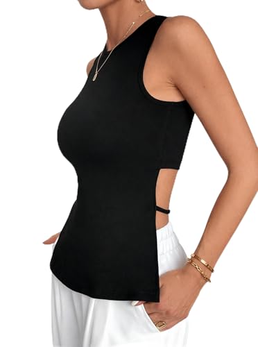 Remidoo Women's Backless Tank Top Sexy Sleeveless Asymmetrical Hem Open Back Tops Black Large