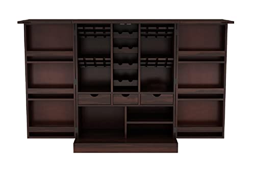 Image of Solid Sheesham Wood Bar Unit Cabinet with Storage Bottle Shelves & Built-in Glass Holder Pyramid Drink Wine Rack Organizer for Living Room, Home & Lounge Dining Cupboard Liquor Furniture
