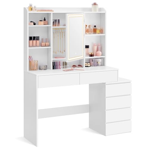 VASAGLE Kailyn Kollektion - Schminktisch mit LED-Beleuchtung, 40 x 117,5 x 145 cm, Frisiertisch mit Spiegel, Kosmetiktisch mit Schubladen, verstellbaren Ablagen, modern, wolkenweiß RDT624W01