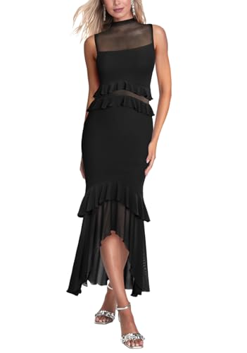 Aisbei Women's Elegant Bodycon Maxi Dress Mock Neck Sleeveless Mesh Ruffle Dress Party Cocktail Formal Wedding Guest Dresses4