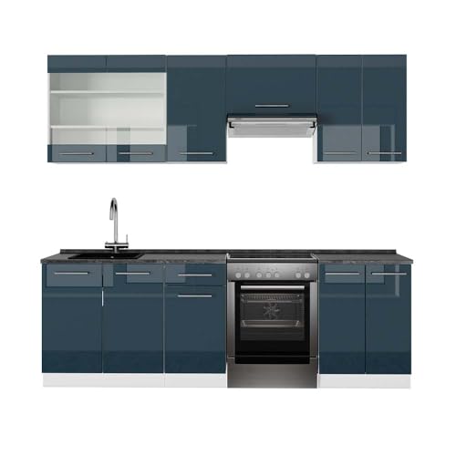Vicco Küchenzeile Fame-Line, Dunkelblau Hochglanz/Weiß, 240 cm, AP Anthrazit