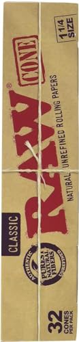 Image of Raw Classic Natural Unrefined 1 1 /4 Pre-Rolled Rolling Paper Cones 32 Per Box