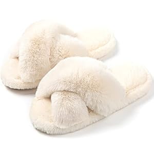 Tonchberry Cross Band Faux Fur Fuzzy Slippers for Women Plush Fluffy Furry Open Toe Slide Slipper for Women Cozy Memory…