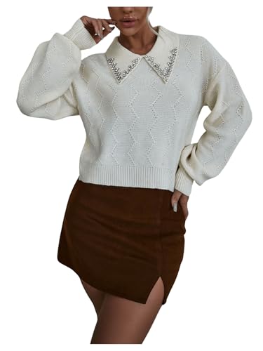 Image of Verdusa Women's Old Money Cable Knit Rhinestone Decor Knit Top Crew Neck Lapel Collar Lantern Sleeve Drop Shoulder Pullover Cropped Sweaters