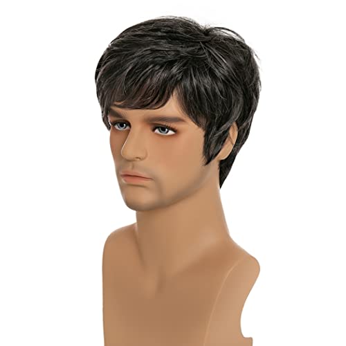 AIYLMZ Short Black Straight Synthetic Side Part Wigs for Men with Bangs Hair Toupee for Middle Aged Man Natural Stylish Fluffy Layered Wigs Men's Hairpieces (Black) - Image 4