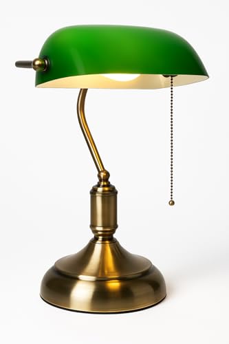 KONTARBOOR Lampe de Bureau Banquier Vintage – Métal couleur Bronze & Abat-Jour en Verre Vert, Interrupteur Chaînette, Ampoule E27 Incluse, 220V, Classe Énergétique A