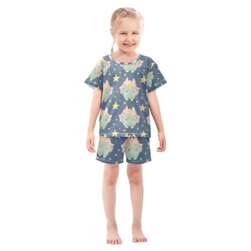 ALAZA Dinosaur Star Blue Pajamas Set Short Sleeve Cotton Sleepwear Summer Pjs 2 Piece 5-14Y3