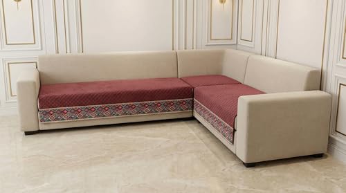 Image of Velvet Quilted Sofa Cover Mat Seat & Back, L Shape 3+3, Main L69in Chaise L69in H32in, Piyazi Color,Anti Skid Backing, 6in Hanging Strap Design, Washable S, Style -Piyazi-L33