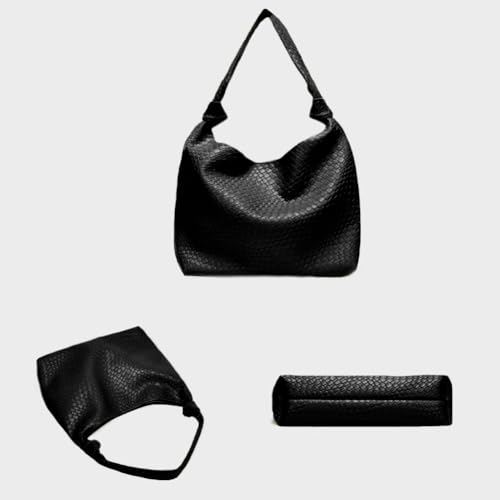 Image of Woven Hobo Bags for Women Soft PU Leather Slouchy Bag Large Capacity Woven Leather Handbag Knotted Handle Slouchy Tote Purses