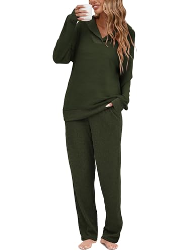Famulily Women's Tracksuits Comfy Knitted Outfits Ribbed 2 Piece Lounge Wear Sleepwear Army Green L
