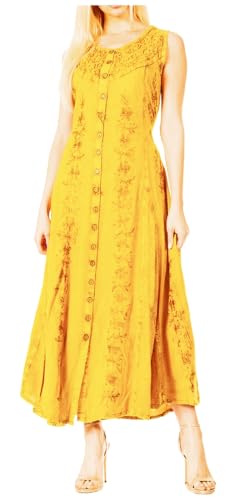 Image of Sakkas Maya Floral Embroidered Sleeveless Button Up Rayon Dress