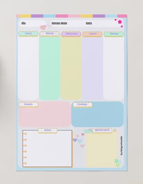 Planificador Semanal Magnético A4 para Nevera – Planner Borrable y Reutilizable + 2 Rotuladores – Organización Familiar, Menús, Estudios – Diseño Cute Pastel – MagnetizaMe