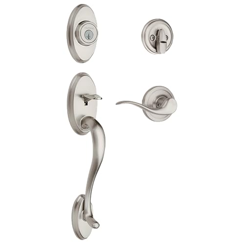 Image of Kwikset Shelburne Front Door Lock Handle and Deadbolt Set, Entry Door Handleset Exterior with Tustin Interior Reversible Lever, Satin Nickel, Pick Resistant SmartKey Rekey Deadbolt Security