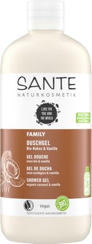sante naturkosmetik - gel doccia biologico al cocco e vaniglia, profumo tropicale, deterge delicatamente e a fondo, vegano, estratti biologici, 500 ml
