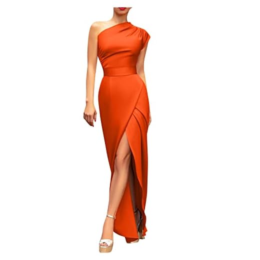 Elegant Dresses for Women,Vacation Dresses for Women,Off Shoulder Dresses for Women Easter Outfit Women Dresses One Shoulder Sleeveless High Waist Front Split Temperament Waist Gown Dress(2-Orange,L)