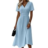 Kleider Damen Sommer Lang Tailliert Sommerkleid Damen Elegant Midi A Linie Kleid V Ausschnitt Midikleid Festlich Hohe Taille Sommerkleider Leicht Und Luftig Strandkleid Kurzarm Midikleider