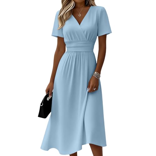 Image of Womens Summer Maxi Dress Boho Floral Cocktail Dresses Short Sleeve Wrap Dresses V Neck Casual Party Bohemian Flowy Long Dress,Blue,XL