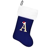 Tokforty 20 Inches Blue Velvet with White Super Soft Plush Cuff Monogram Christmas Stockings, Xmas Personalized Embroidered Letter Stockings for Family Holiday Decorations and Xmas Tree Fireplace（A）