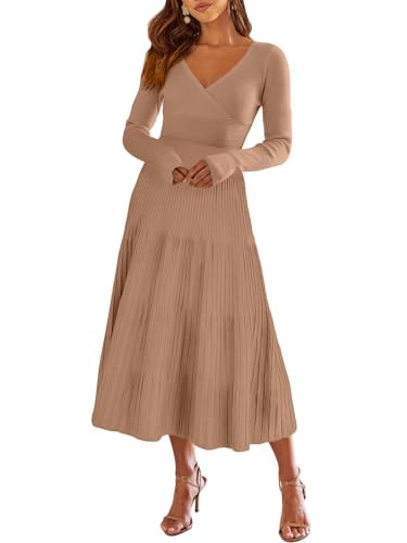 ANRABESS Womens Wrap Midi Sweater Dresses Long Sleeve V Neck Ribbed Knit Bodycon High Waist Pleated A-Line Dress 2025 Trendy