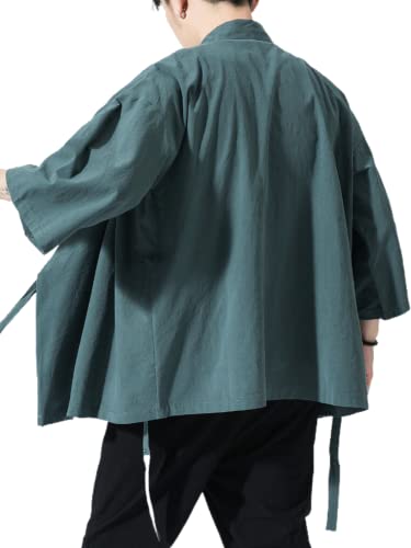 Image of Men's Japanese Kimono Cardigan Loose Cotton Linen 3 /4 Sleeve Open Front Casual Summer Shirt Jackets