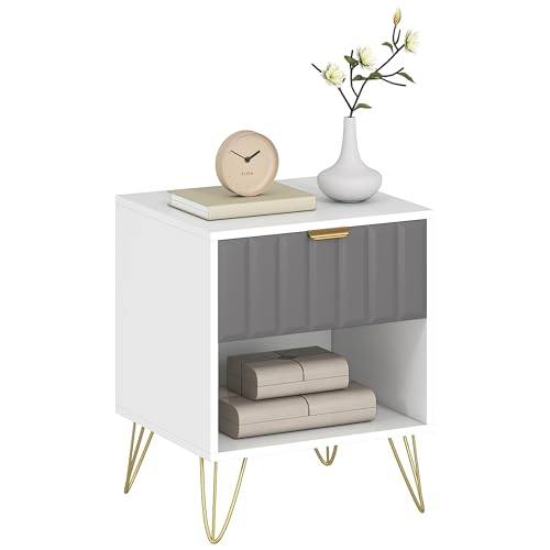 HOMCOM Table de Chevet, Table d'appoint Moderne avec Compartiment Ouvert, tiroir et poignée, Pieds en Acier, pour Chambre à Coucher, Salon, Blanc