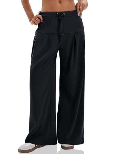 Tankaneo Womens Pleated Wide Leg Sweatpants Baggy Drawstring High Waisted Pants Casual Comfy Palazzo Lounge Pants
