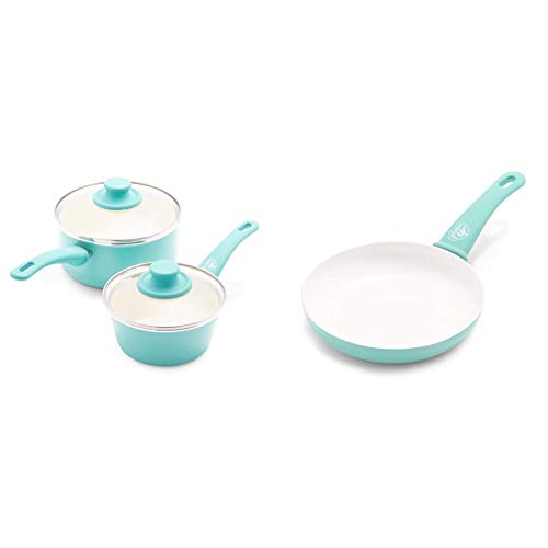 Greenlife Soft Grip Healthy Ceramic Nonstick, Saucepans With Lids, 1Qt And 2Qt, Turquoise & Soft Grip Healthy Ceramic Nonstick, Frying Pan, 8", Turquoise #TOP7
