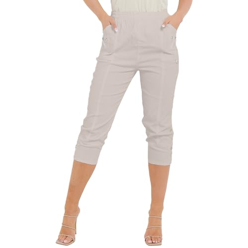 Farah Collection® Women's Cherry Berry Capri Trouser, Ladies Plain Stretch Fit Elasticated Waist Summer Crop Pants (Beige, 14)