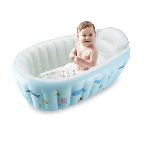 PandaEar Baby Aufblasbare Badewanne, Tragbare Reise Baby Säugling Badewanne Kleinkind Badewanne mit Luftpumpe, Faltbare rutschfeste Duschbecken Mini Luft Schwimmbad für Neugeborene (Wal Blau)