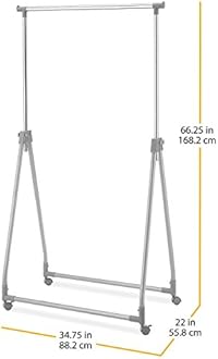 Whitmor Foldable Garment Rack - Rolling Clothes Rack - Adjustable Height - Silver