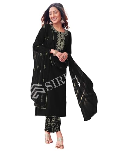 Image of SIRIL Women's Cotton Blend Embroidery Kurta Pant with Dupatta Set