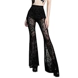 Gothic Lace Flare Pants Disco Bell Bottom Pants Sheer Mesh Y2K Goth Fashion 70S High Waisted Patterned Rave Emo Festival