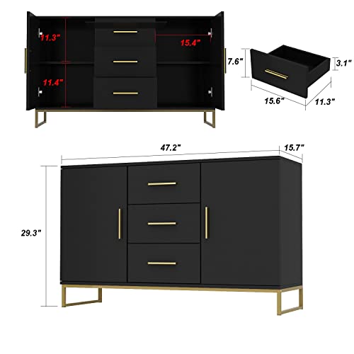 Didugo Modern Sideboards And Buffets With Storage, Sideboard Buffet Storage Cabinet With Gold Metal Frame, For Kitchen Black (47.2”W X 15.7”D X 29.3”H) #TOP1