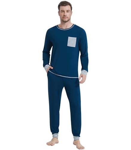 Image of NACHILA Mens Pajamas Set Long Sleeve Henley Sleepwear Top Soft Jogger Pants Pajamas Cool Pjs Set,Viscose Made from Bamboo