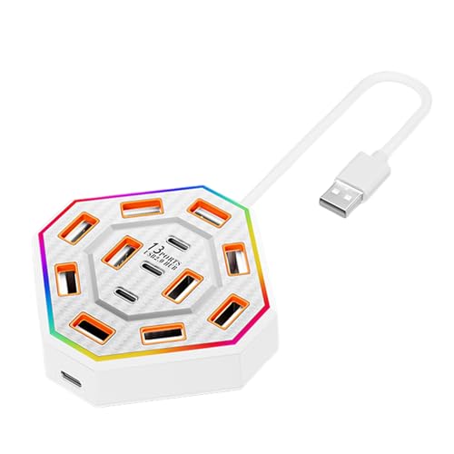 Concentrador USB RGB: Base De Expansión De 13 Puertos Para PC+ABS | Adaptador Multipuerto 2.0 De 9,5 X 9,5 Cm Con Luz Ambiental De 7 Colores | Ideal Para Computadoras Portátiles, De Escritorio Y