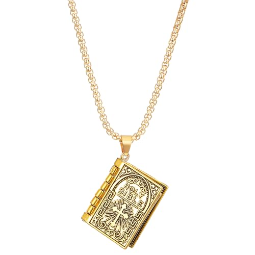 coadipress Holy Bible Book Pendant Necklace for Men Women Stainless Steel Openable Prayer Bible Religious Christian Necklace Retro Scripture Miniature Readable Verse Jewelry for Faith Memorial (Gold)