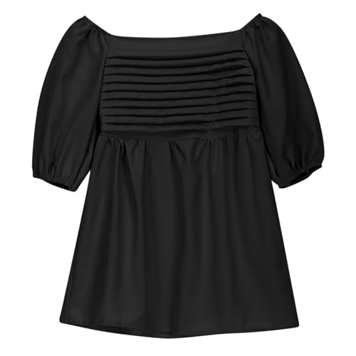 Girls Puff Sleeve Summer Dress Loose Pleated Square Neck Cute A-Line Swing Beach Dresses for 3-12 Years3