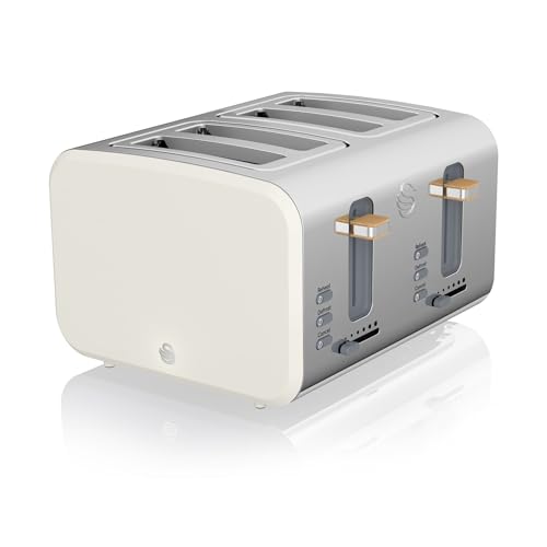 Swan ST14620WHTN Nordic 4 Slice Toaster with 6 Browning Levels Defrost/Reheat/Cancel Removable Crumb Trays Cord Storage 1500W White