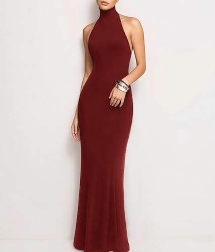 Image of Women's Sleeveless Summer Sexy Backless Maxi Dresses Bodycon Dresses Elegant Halter Turtle Fishtail Gown