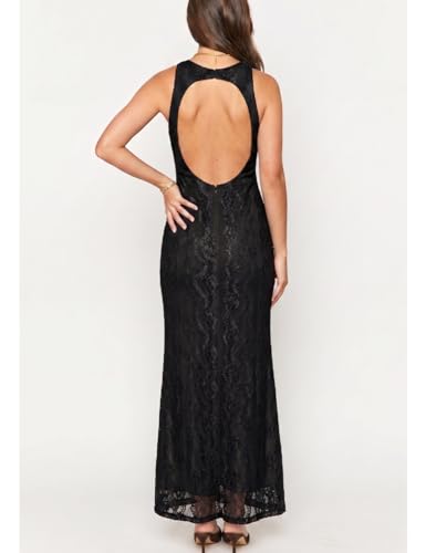 Image of Elegant Lace Floral V Neck Backless Bodycon Dresses for Women Sexy Cut Out Low Back Sleeveless Maxi Dress Wedding Guest