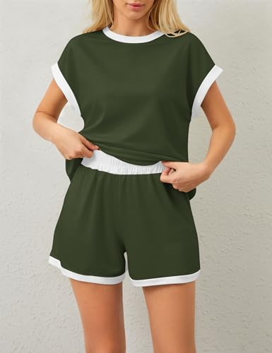 Image of MISSACTIVER 2 Piece Lounge Set Women Stripe Knit Short Sleeve Tee Shirts Shorts Casual Summer Loungewear Shorts Sets