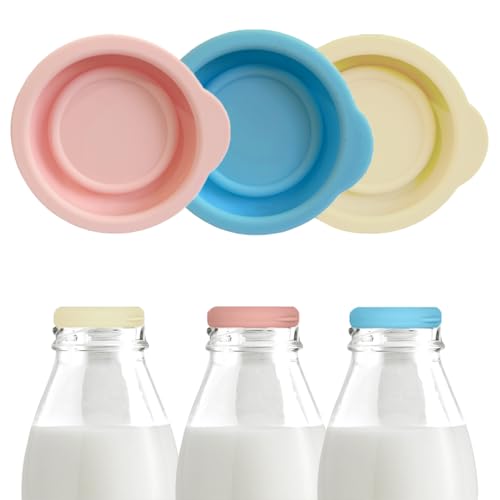 3 Pcs Reusable Silicone Milk Bottle Tops Dishwasher Safe Airtight Bottle Seal Designed To Fit Standard UK One Pint Glass Milk Bottles(Multicolour 33mm Diameter)