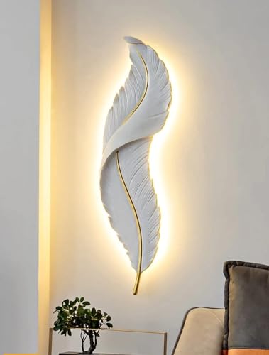 Image of Resin Antique Feather Wall Sconce|Snowy Quill Decorative Wall Light for Living Room, Hallway, Kitchen & Office- Warm White, Cool White, Natural White (White+Golden)