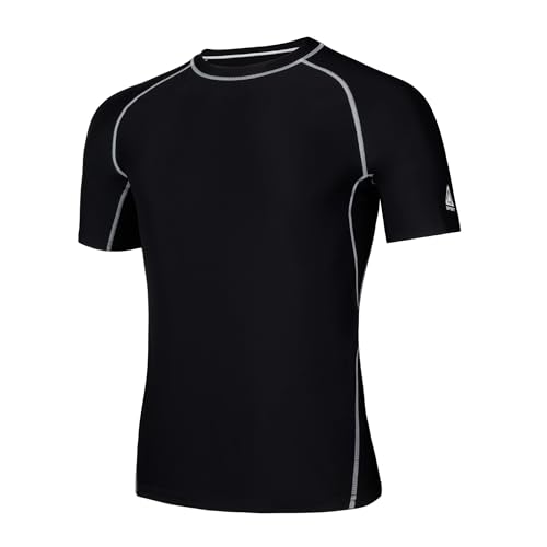 AMZSPORT Maglietta Rash Guard da Uomo, Protezione UV UPF 50+, T-Shirt a Manica Corta, Gilet di Protezione Solare ad Asciugatura Rapida per Nuoto, Surf, Pesca, Corsa, Nero, XL